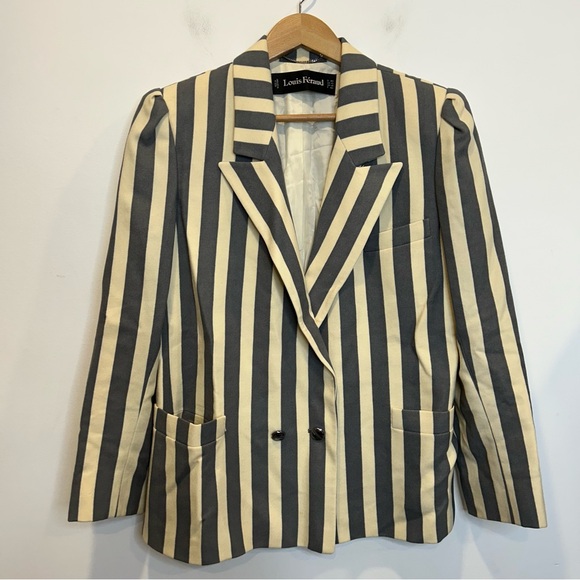 Louis Feraud 1980's Vintage Striped Wool Blazer with Puff Sleeves Cream and Grey - Picture 2 of 12